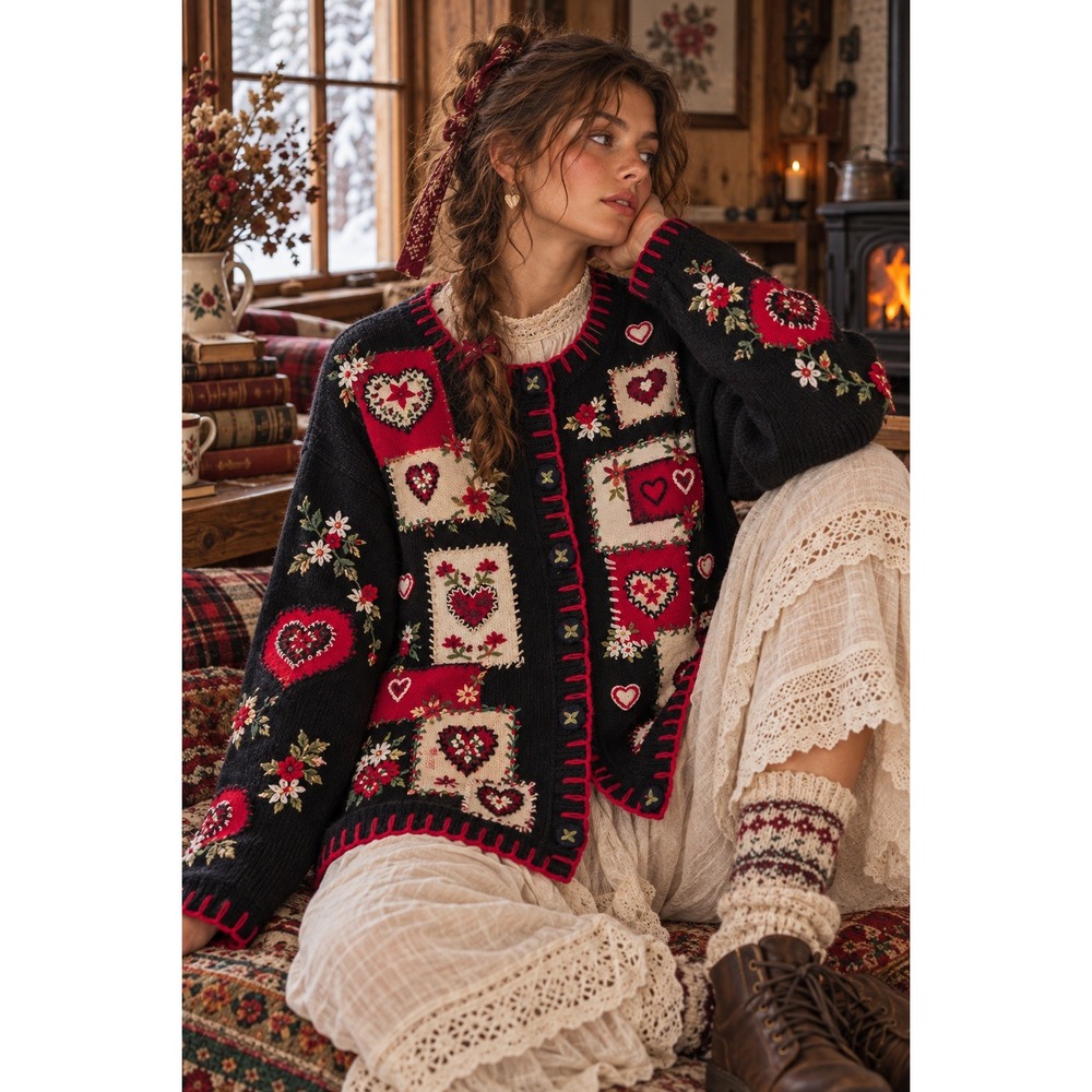 VTG Heirloom Collectibles Black Heart Patchwork Cardigan L Cottage Whimsy Kitsch